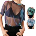 thumbnail image 1 of XIAOCHA Gradient Mesh T Shirt For Women Crew Neck Short Sleeve Sheer Cover Up Casual Tee, 1 of 6