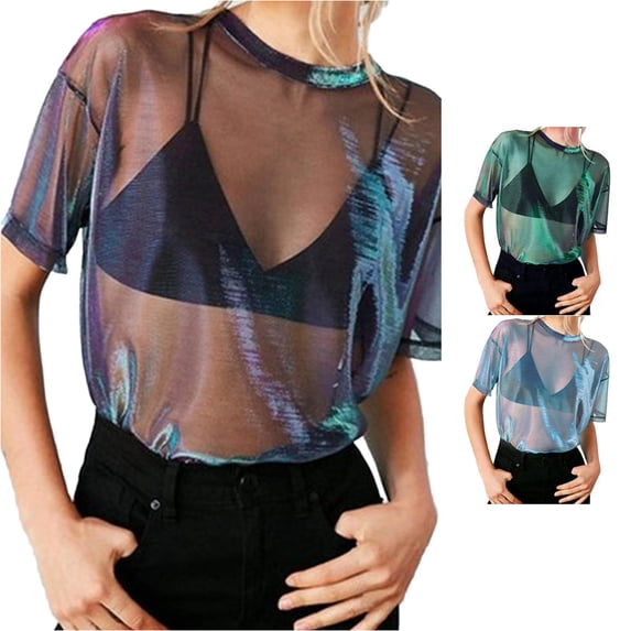 XIAOCHA Gradient Mesh T Shirt For Women Crew Neck Short Sleeve Sheer Cover Up Casual Tee