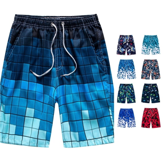 XIAOCHA Gradient Plaid Swim Shorts For Men Elastic Drawstring Summer Beach Trunks
