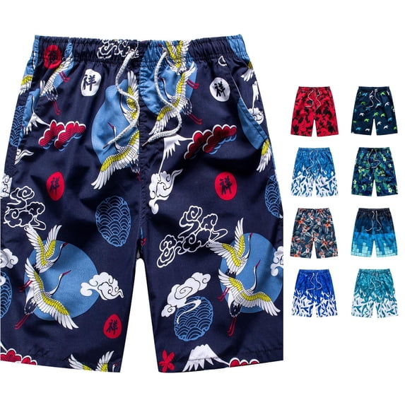 XIAOCHA Gradient Plaid Swim Shorts For Men Elastic Drawstring Summer Beach Trunks