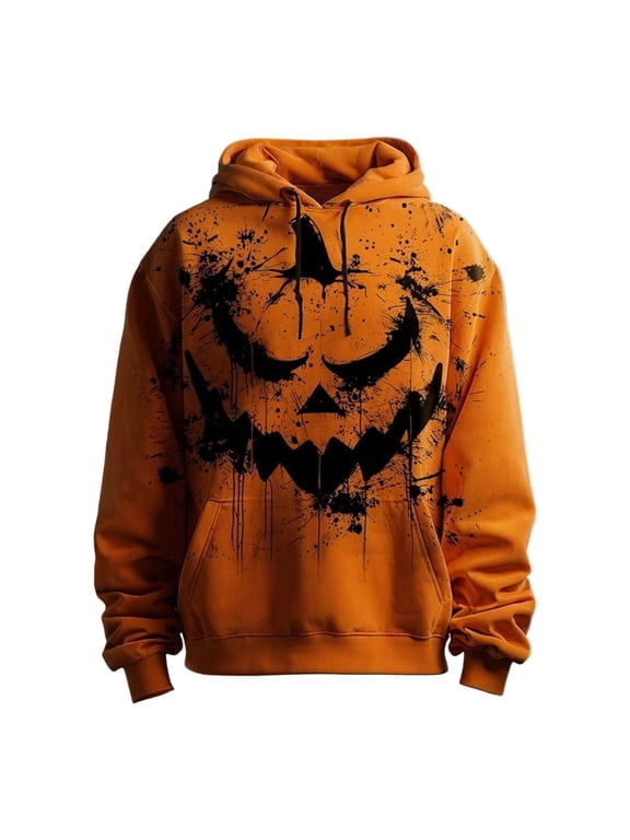 Grunge Halloween Hoodie for Unisex Splatter Jack‑O‑Lantern Graphic Hooded Sweatshirt, Orange, Sizes 4XL