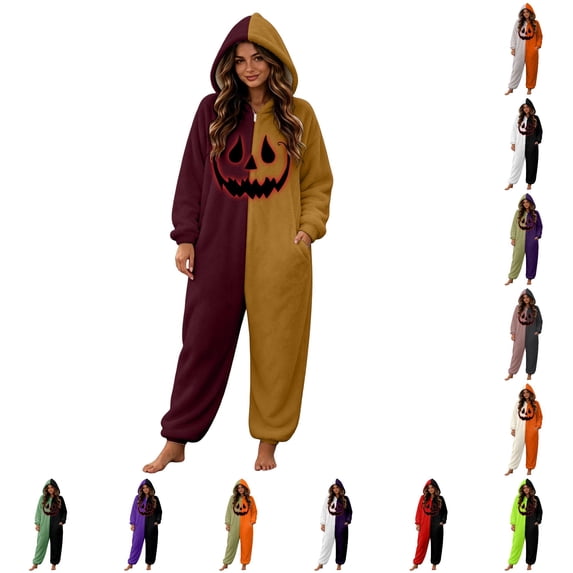 XIAOCHA Halloween Print Onesie for Women Hooded Front Zip Long Sleeve Sleep Suit