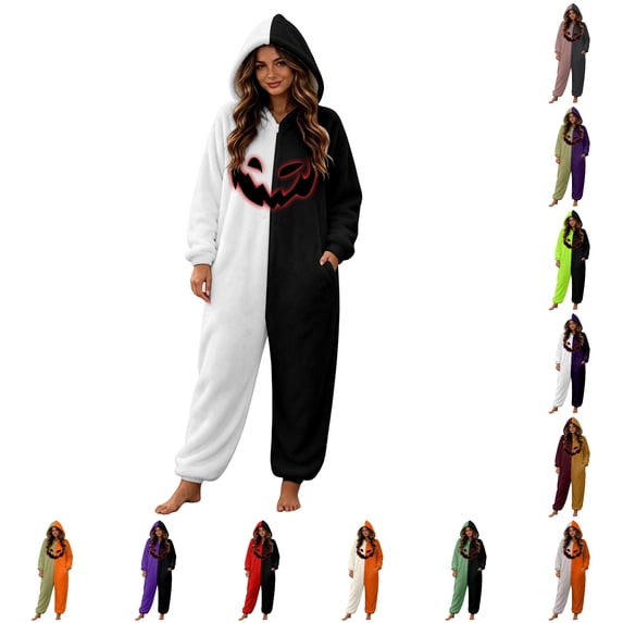 XIAOCHA Halloween Print Onesie for Women Hooded Zip Ankle Sleep Jumpsuit