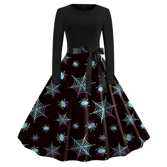 XIAOCHA Halloween Print Swing Dress For Women Long Sleeve Belted Vintage Party Gown
