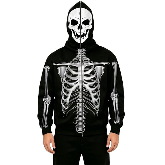 XIAOCHA Halloween Zip‑Up Hoodie for Men Zipper‑Face Hood X‑Ray See‑Through Skeleton Graphic Hoodie Sweatshirt, Black, Sizes S