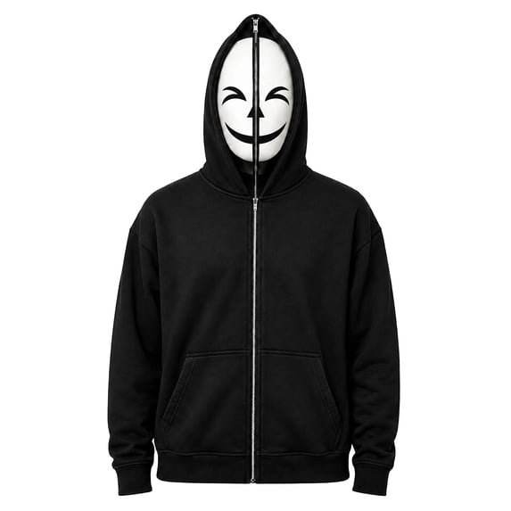 XIAOCHA Halloween Zip‑Up Hoodie for Men Zipper Hood Curved‑Eye Grinning Pumpkin Mask Graphic Hoodie Sweatshirt, Black, Sizes XXXL