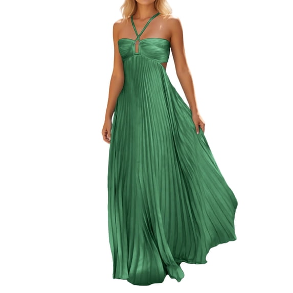XIAOCHA Halter Cutout Maxi Dress for Women Pleated Summer Party Floor-Length Gown
