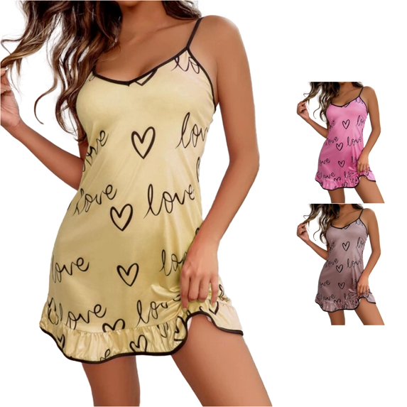 XIAOCHA Heart Print Nightgown For Women Spaghetti Strap Ruffle Hem Slip Dress