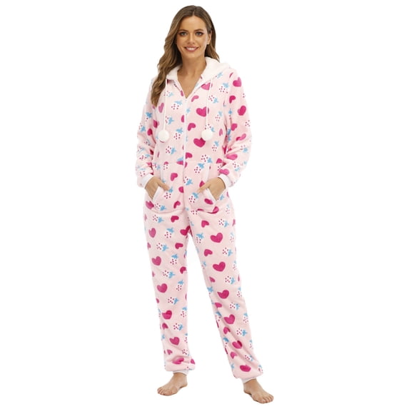 XIAOCHA Heart Print Onesie For Women Hooded Zip Up Fleece Jumpsuit Nightwear