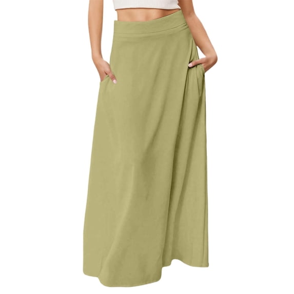 XIAOCHA High Waist Side Pocket Flowy Maxi Skirt for Women Casual Office A-Line Long Skirt