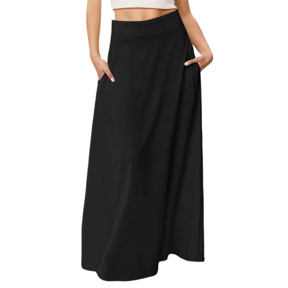 XIAOCHA High Waist Side Pocket Flowy Maxi Skirt for Women Casual Office A-Line Long Skirt