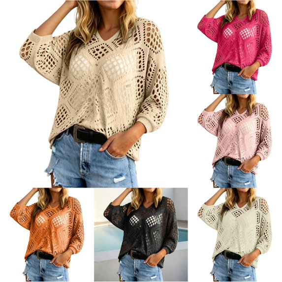 XIAOCHA Hollow Crochet Knit Top For Women V Neck Three Quarter Sleeve Casual Pullover