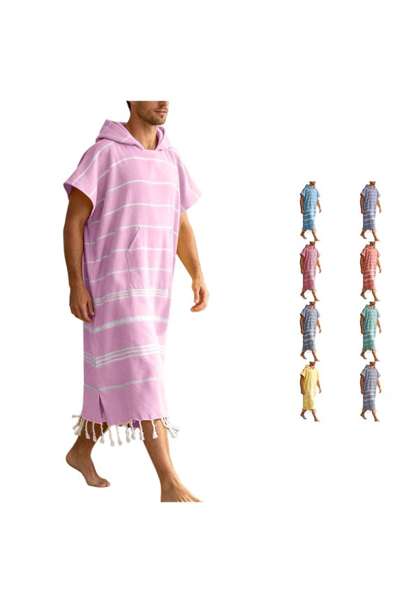 Hooded Knee-Length Bath Robe for Men Tassel-Hem Short Sleeve Striped Summer Pool Beach Poncho