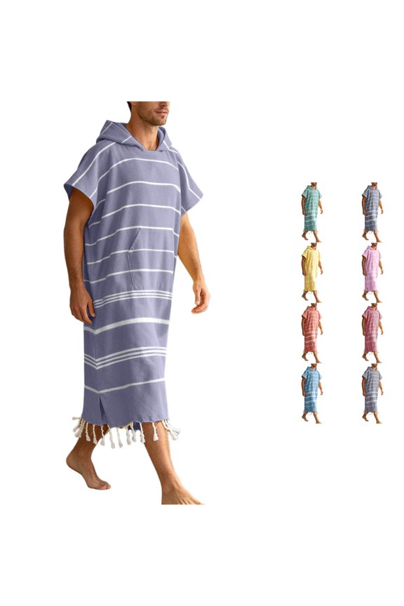 Hooded Knee-Length Bath Robe for Men Tassel-Hem Short Sleeve Striped Summer Pool Beach Poncho