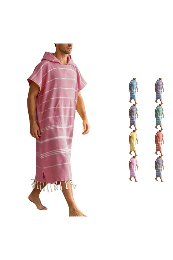 Hooded Knee-Length Bath Robe for Men Tassel-Hem Short Sleeve Striped Summer Pool Beach Poncho