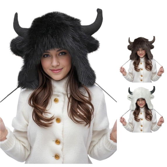 XIAOCHA Horn‑Decor Trapper Hat for Women Solid Fall‑Winter Outdoor Toque,Black