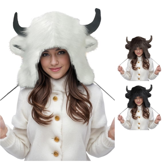 XIAOCHA Horn‑Decor Trapper Hat for Women Solid Fall‑Winter Outdoor Toque,White