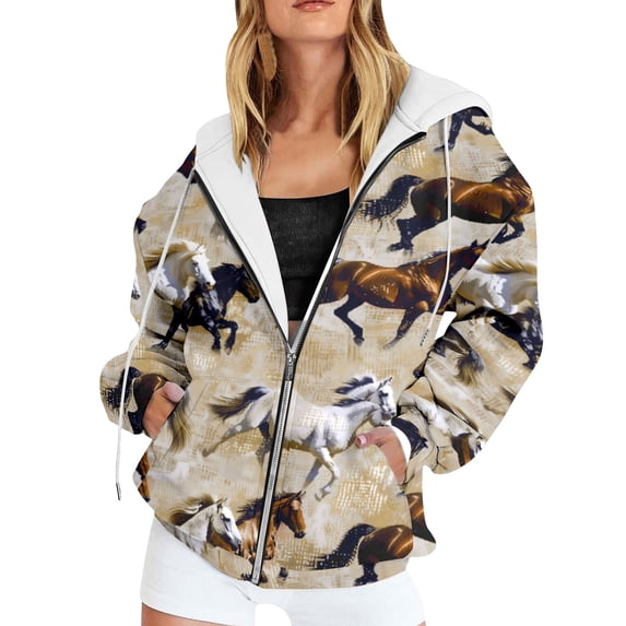 XIAOCHA Horse Print Zip Up Hoodie For Women Drawstring Pocket Outdoor Camping Oversized Hooded Jacket