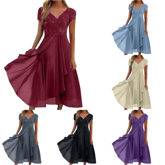 XIAOCHA Lace Overlay Midi Dress for Women Short Sleeve Flowy Wedding Guest Evening Gown