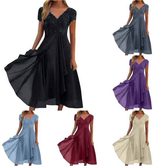 XIAOCHA Lace Overlay Midi Dress for Women Short Sleeve Flowy Wedding Guest Evening Gown