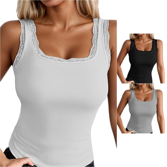 XIAOCHA Lace Trim Camisole For Women Sleeveless U Neck Built In Bra Layering Tank Top