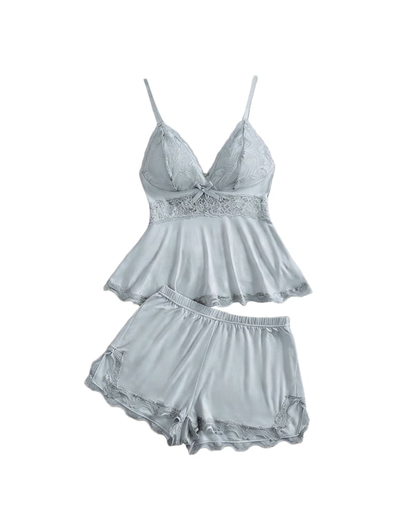 Lace V Neck Ruffle Satin Cami Set for Women Spaghetti Strap Sleepwear