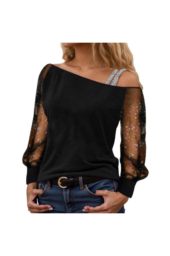 Ladies Sequin Mesh Tops Long Sleeve One Shoulder Sheer Pullover Top Stretchy Glam Party Night Out Top