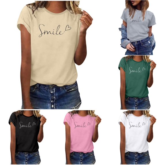 XIAOCHA Letter Print Smile Heart T Shirt For Women Crew Neck Short Sleeve Casual Tee Shirts