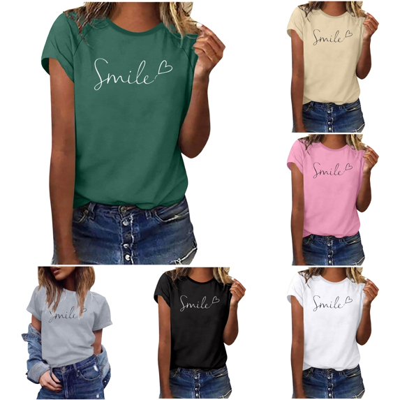 XIAOCHA Letter Print Smile Heart T Shirt For Women Crew Neck Short Sleeve Casual Tee Shirts