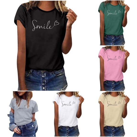 XIAOCHA Letter Print Smile Heart T Shirt For Women Crew Neck Short Sleeve Casual Tee Shirts