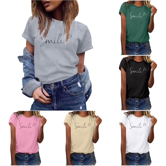 XIAOCHA Letter Print Smile Heart T Shirt For Women Crew Neck Short Sleeve Casual Tee Shirts
