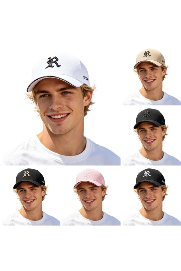 Letter R Embroidered Baseball Cap for Men Breathable Outdoor Urban Sun Guard Dad Hat ,White
