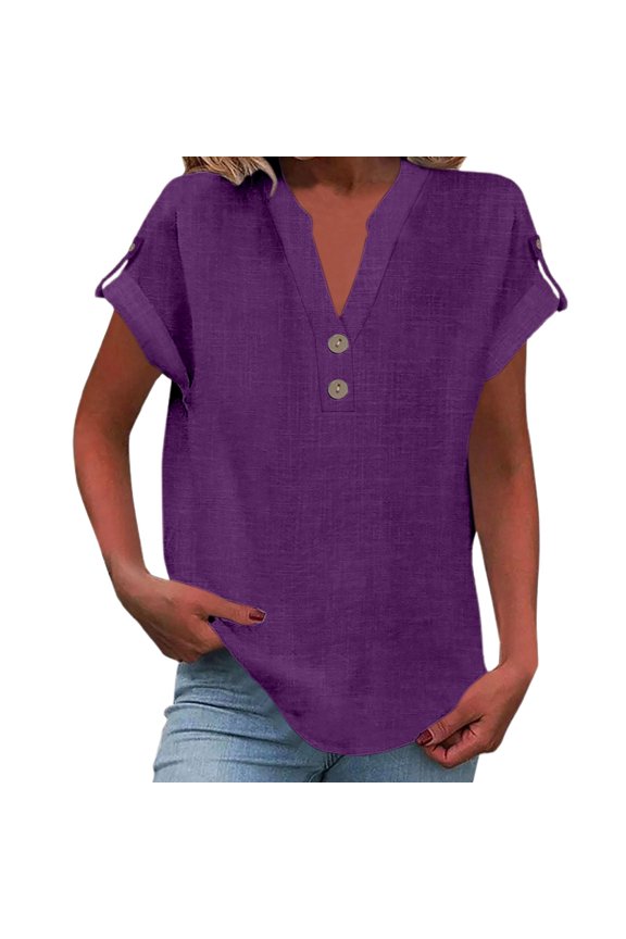 Lightweight Linen Top For Women Cap Sleeve Split Neck Button Placket Tunic Cool Relaxed Summer Daily Casual Blouses