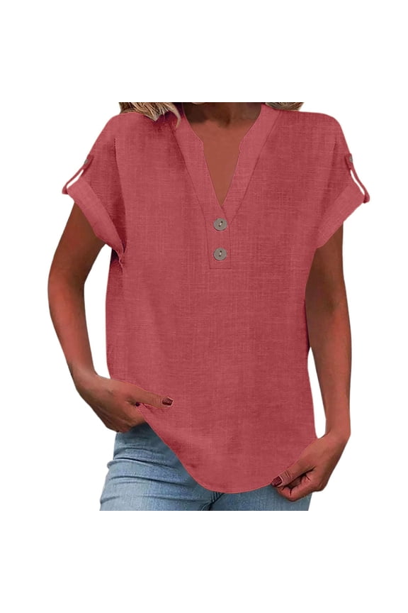 Lightweight Linen Top For Women Cap Sleeve Split Neck Button Placket Tunic Cool Relaxed Summer Daily Casual Blouses