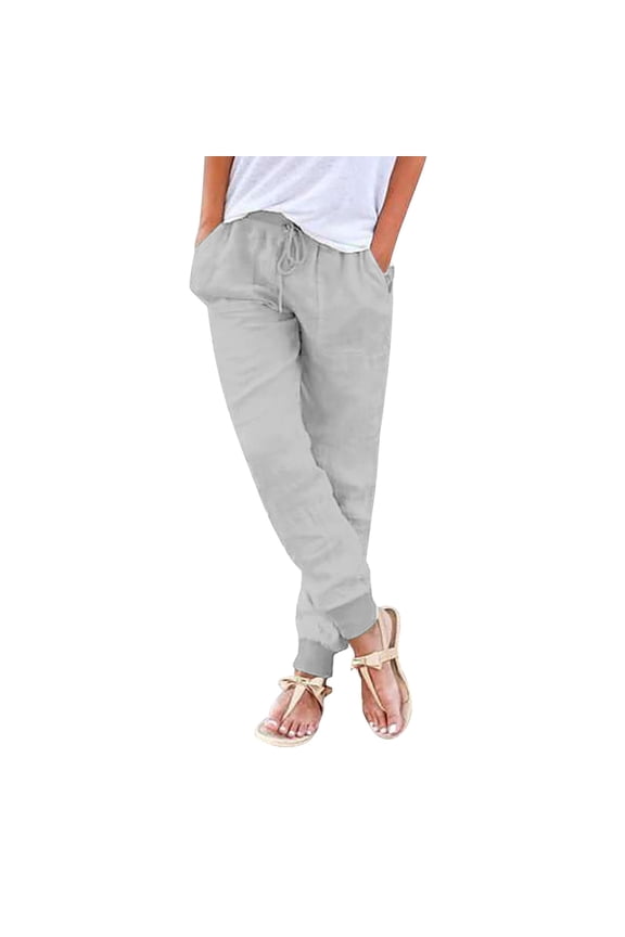 Linen Drawstring Jogger Pants for Women Solid ed Ankle Trousers Beach Casual Daily Wear