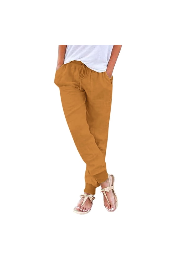 Linen Drawstring Jogger Pants for Women Solid ed Ankle Trousers Beach Casual Daily Wear