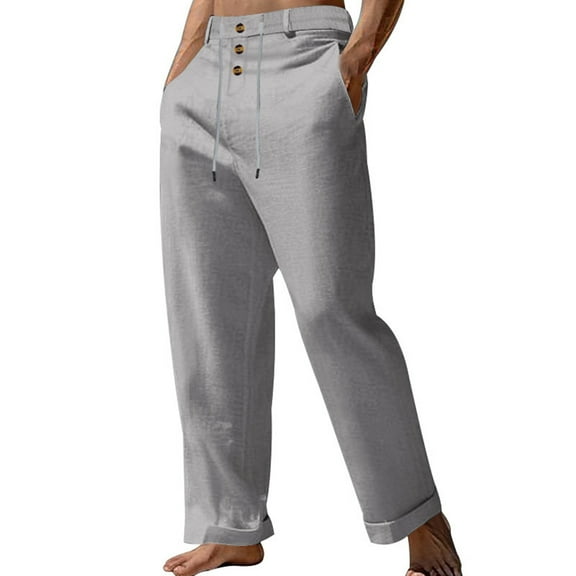 XIAOCHA Linen Straight Pants for Men Loose-Fit Button Pants Beach Vacations Breathable Trousers With PocketGreyM