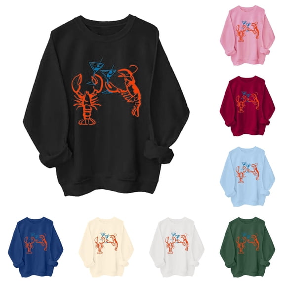 XIAOCHA Lobster Cocktail Line Graphic Crew Neck Sweatshirt For Women Vintage Minimal Print Pullover
