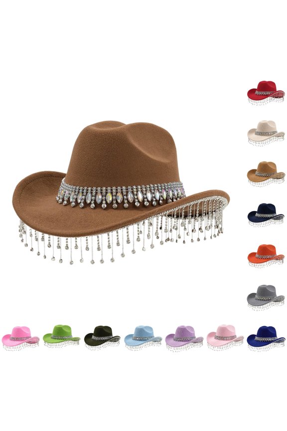 Long Rhinestone‑Chain Fringe Cowboy Hat for Women Solid Shapeable‑Brim Party Hat Rodeo Western Cowboy Hat,Brown