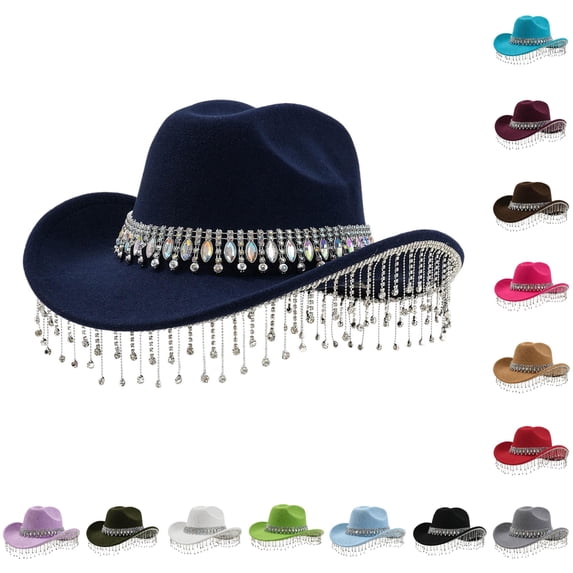 XIAOCHA Long Rhinestone‑Chain Fringe Cowboy Hat for Women Solid Shapeable‑Brim Party Hat Rodeo Western Cowboy Hat,Navy