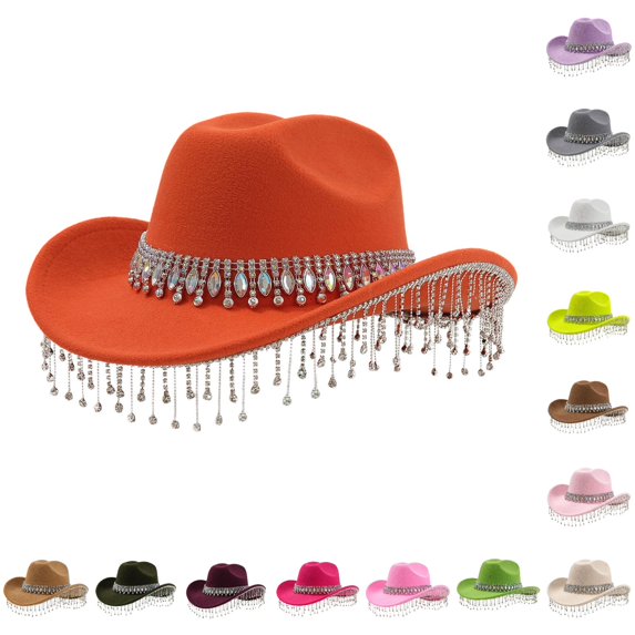 XIAOCHA Long Rhinestone‑Chain Fringe Cowboy Hat for Women Solid Shapeable‑Brim Party Hat Rodeo Western Cowboy Hat,Orange