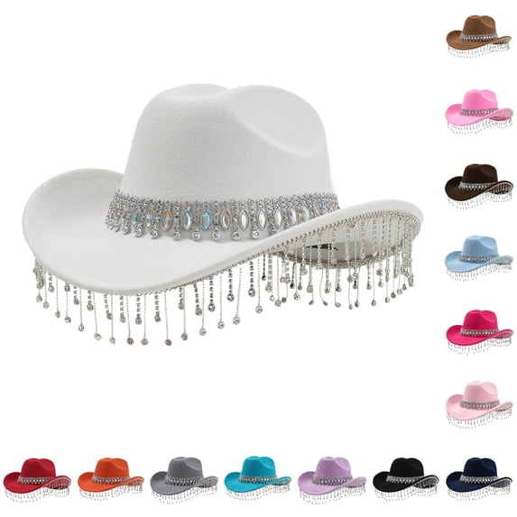 XIAOCHA Long Rhinestone‑Chain Fringe Cowboy Hat for Women Solid Shapeable‑Brim Party Hat Rodeo Western Cowboy Hat,White
