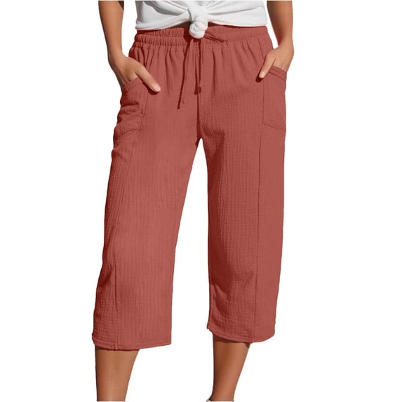 XIAOCHA Loose Fit Capri Pants for Women Waffle Knit Drawstring Bottoms Casual Everyday Wear Trousers