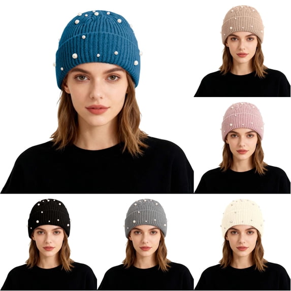 XIAOCHA Lustrous Pearl Beanie for Women,Bead‑Trim Fall‑Winter Outdoor Toque,Blue