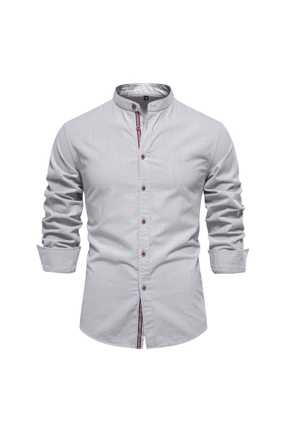 Mandarin Collar Striped Placket Shirt for Men Long Sleeve Stand Collar Top Breathable Casual Daily Shirts