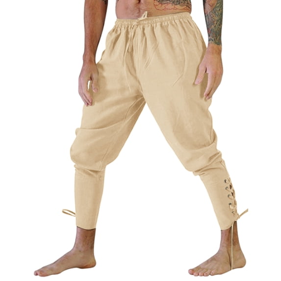 XIAOCHA Medieval Harem Pants for Men Linen Loose-Fit Drawstring Pants Retro Lace Up Bottom Cosplay TrousersBeigeL