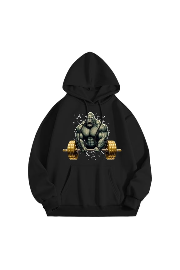 Men Gym Graphic Hoodie Oversized Fit Black Gorilla Weightlifting Pullover Top Casual Workout Wear Hoodies Black