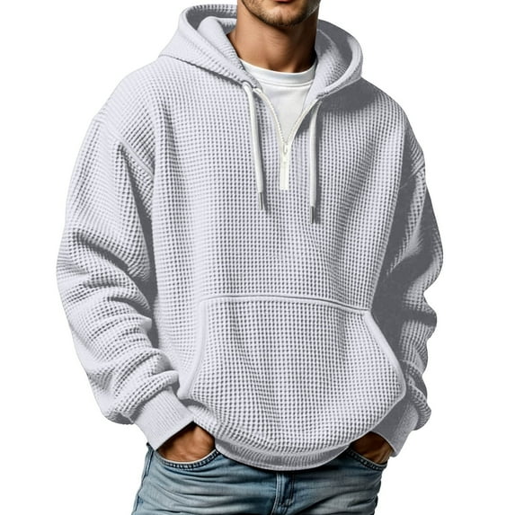 XIAOCHA Men Hoodies Waffle Knit Drawstring Quarter Zip Pullover Hooded Sweatshirt Kangaroo Pocket Long Sleeve Oversized Hoodie Sport Top [