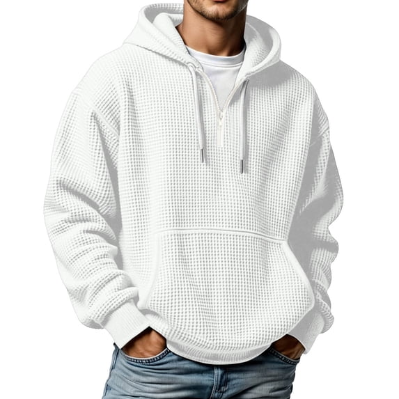 XIAOCHA Men Hoodies Waffle Knit Drawstring Quarter Zip Pullover Hooded Sweatshirt Kangaroo Pocket Long Sleeve Oversized Hoodie Sport Top