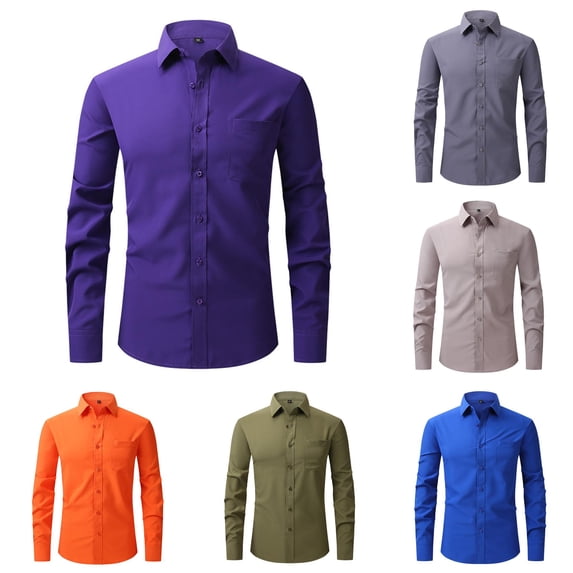 XIAOCHA Men Solid Color Dress Shirt Collared Long Sleeve Button Front Business Casual Top